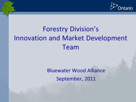 Forestry Division’s Innovation and Market Development Team Bluewater Wood Alliance September, 2011.