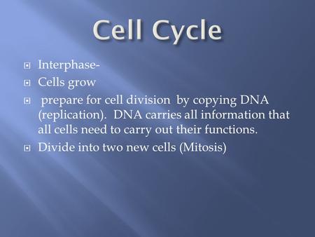  Interphase-  Cells grow  prepare for cell division by copying DNA (replication). DNA carries all information that all cells need to carry out their.