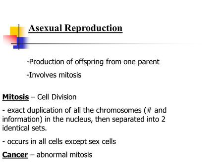 Asexual Reproduction Production of offspring from one parent