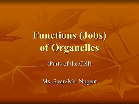 Functions (Jobs) of Organelles (Parts of the Cell) Ms. Ryan/Ms. Nugent.
