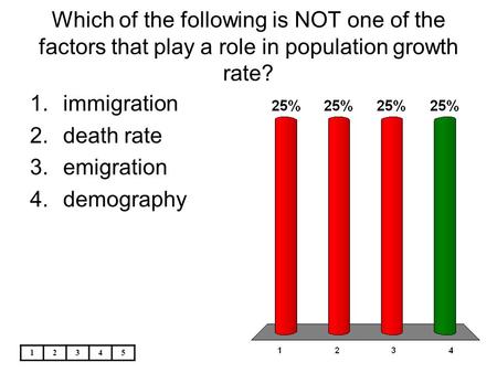 Which of the following is NOT one of the factors that play a role in population growth rate? immigration death rate emigration demography 1 2 3 4 5.