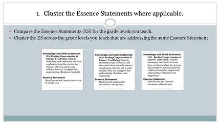1. Cluster the Essence Statements where applicable. Compare the Essence Statements (ES) for the grade levels you teach. Cluster the ES across the grade.