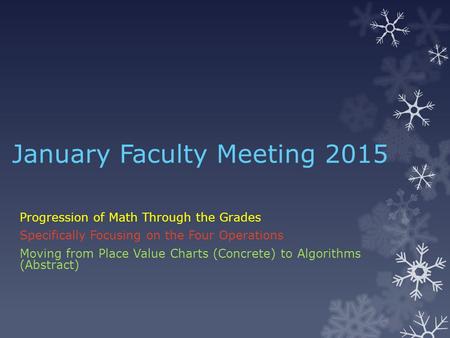 January Faculty Meeting 2015 Progression of Math Through the Grades Specifically Focusing on the Four Operations Moving from Place Value Charts (Concrete)
