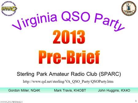 1 20130105_2013_VQP_Prebrief_v1 Sterling Park Amateur Radio Club (SPARC)  Gordon Miller, NQ4KMark.