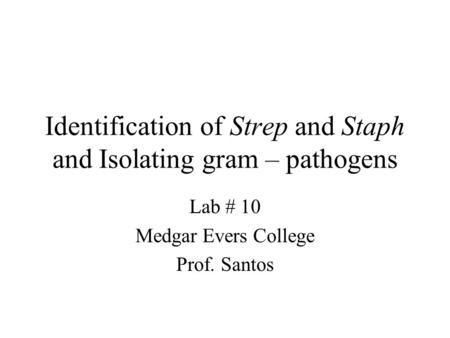Identification of Strep and Staph and Isolating gram – pathogens Lab # 10 Medgar Evers College Prof. Santos.