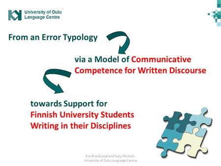 Eva Braidwood and Suzy McAnsh, University of Oulu Language Centre From an Error Typology via a Model of Communicative Competence for Written Discourse.