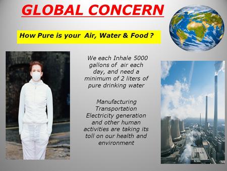 GLOBAL CONCERN How Pure is your Air, Water & Food ?  We each Inhale 5000 gallons of air each day, and need a minimum of 2 liters of pure drinking water.