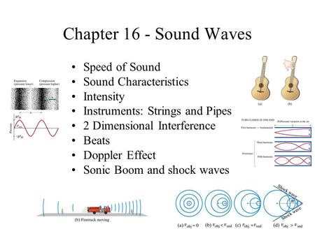 Chapter 16 - Sound Waves Speed of Sound Sound Characteristics Intensity Instruments: Strings and Pipes 2 Dimensional Interference Beats Doppler Effect.