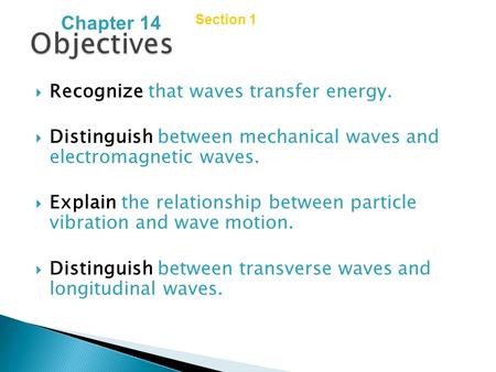 Objectives Chapter 14 Recognize that waves transfer energy.