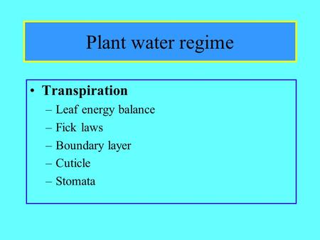 Plant water regime Transpiration Leaf energy balance Fick laws