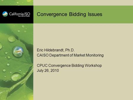 Convergence Bidding Issues Eric Hildebrandt, Ph.D. CAISO Department of Market Monitoring CPUC Convergence Bidding Workshop July 26, 2010.