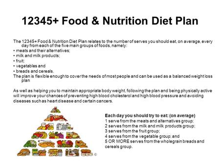 12345+ Food & Nutrition Diet Plan The 12345+ Food & Nutrition Diet Plan relates to the number of serves you should eat, on average, every day from each.
