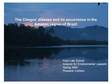The Chagas’ disease and its occurrence in the Amazon region of Brazil Pace Law School Science for Environmental Lawyers Spring 2004 Roseane Cerbino.