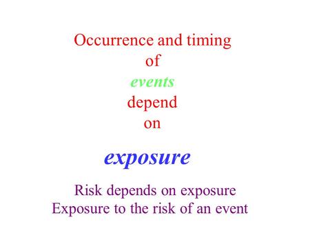 Occurrence and timing of events depend on Exposure to the risk of an event exposure Risk depends on exposure.