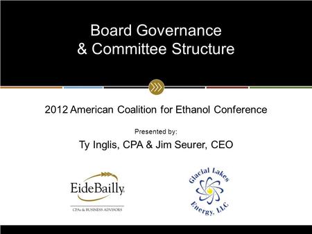 2012 American Coalition for Ethanol Conference Presented by: Ty Inglis, CPA & Jim Seurer, CEO Board Governance & Committee Structure.