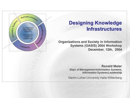 Designing Knowledge Infrastructures Organizations and Society in Information Systems (OASIS) 2004 Workshop December, 12th, 2004 Ronald Maier Dept. of Management.