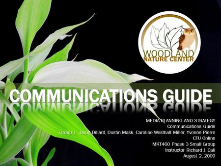 MEDIA PLANNING AND STRATEGY Communications Guide Group 1: Doug Dillard, Dustin Mask, Caroline Westhall Miller, Yvonne Pierre CTU Online MKT460 Phase 3.