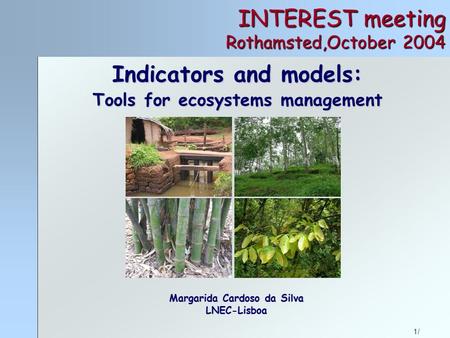 1/ INTEREST meeting Rothamsted,October 2004 Indicators and models: Tools for ecosystems management Margarida Cardoso da Silva LNEC-Lisboa.
