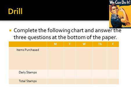 Drill Complete the following chart and answer the three questions at the bottom of the paper. M T W Th F Items Purchased Daily Stamps Total Stamps.