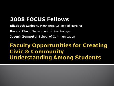 2008 FOCUS Fellows Elizabeth Carlson, Mennonite College of Nursing Karen Pfost, Department of Psychology Joseph Zompetti, School of Communication.