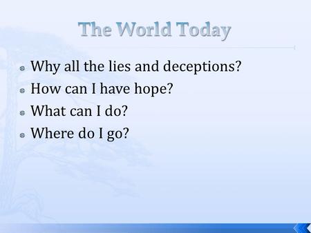  Why all the lies and deceptions?  How can I have hope?  What can I do?  Where do I go?