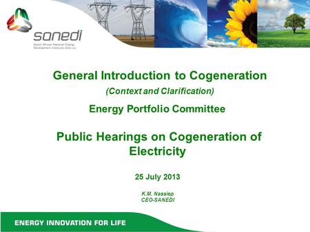 Energy Portfolio Committee Public Hearings on Cogeneration of Electricity 25 July 2013 K.M. Nassiep CEO-SANEDI General Introduction to Cogeneration (Context.