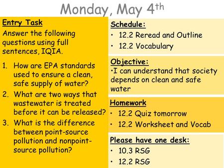 Monday, May 4 th Entry Task Answer the following questions using full sentences, IQIA. 1.How are EPA standards used to ensure a clean, safe supply of water?