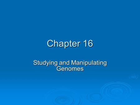 Chapter 16 Studying and Manipulating Genomes. Objectives   1. Know how DNA can be cleaved, spliced, cloned, and sequenced.   2.Understand what plasmids.
