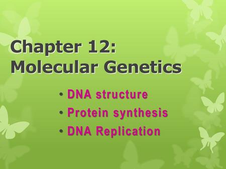 Chapter 12: Molecular Genetics DNA structure DNA structure Protein synthesis Protein synthesis DNA Replication DNA Replication.