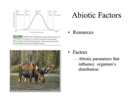 Abiotic Factors Resources Factors –Abiotic parameters that influence organism’s distribution.