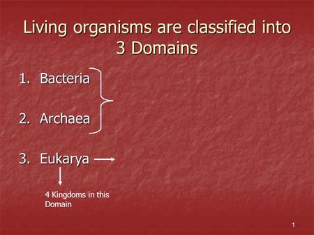 1 Living organisms are classified into 3 Domains 1.Bacteria 2.Archaea 3.Eukarya 4 Kingdoms in this Domain.