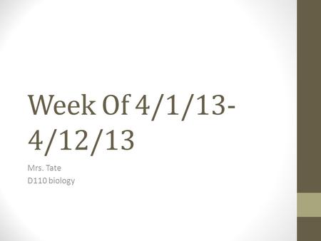 Week Of 4/1/13- 4/12/13 Mrs. Tate D110 biology. 4-1-13 Monday ( 5 th and 6 th only) Start working on the evolution web-quest.