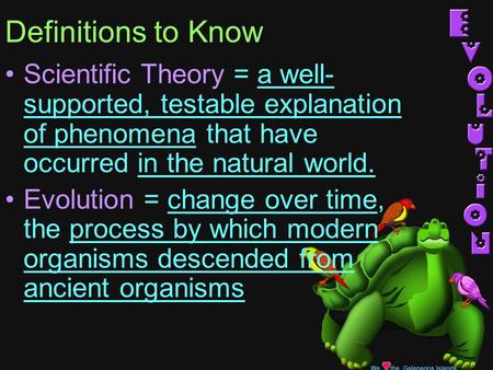 We the Galapagos Islands Definitions to Know Scientific Theory = a well- supported, testable explanation of phenomena that have occurred in the natural.