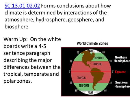 SC.13.01.02.02SC.13.01.02.02 Forms conclusions about how climate is determined by interactions of the atmosphere, hydrosphere, geosphere, and biosphere.
