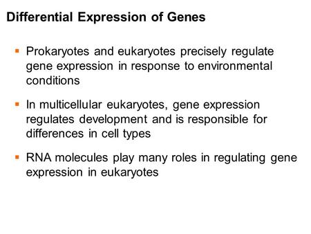 Differential Expression of Genes  Prokaryotes and eukaryotes precisely regulate gene expression in response to environmental conditions  In multicellular.