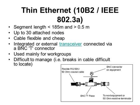 Thin Ethernet (10B2 / IEEE 802.3a) Segment length 0.5 m Up to 30 attached nodes Cable flexible and cheap Integrated or external transceiver connected via.