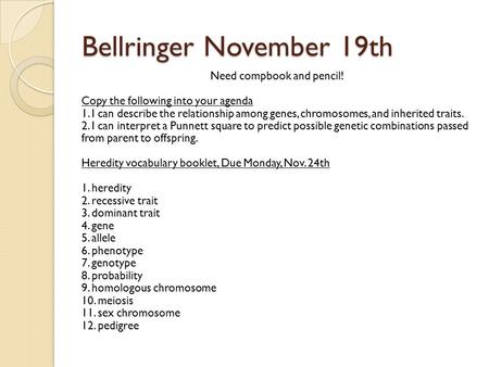 Bellringer November 19th Need compbook and pencil! Copy the following into your agenda 1. I can describe the relationship among genes, chromosomes, and.