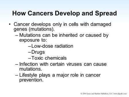 How Cancers Develop and Spread Cancer develops only in cells with damaged genes (mutations). –Mutations can be inherited or caused by exposure to: –Low-dose.