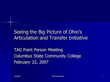 2/22/2007 TAG Point Persons 1 Seeing the Big Picture of Ohio’s Articulation and Transfer Initiative TAG Point Person Meeting Columbus State Community College.