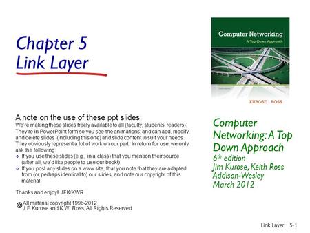 Chapter 5 Link Layer Computer Networking: A Top Down Approach 6 th edition Jim Kurose, Keith Ross Addison-Wesley March 2012 A note on the use of these.
