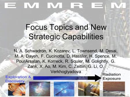 Focus Topics and New Strategic Capabilities N. A. Schwadron, K. Kozarev, L. Townsend, M. Desai, M. A. Dayeh, F. Cucinotta, D. Hassler, H. Spence, M. PourArsalan,