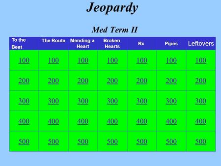 Jeopardy Med Term II The RouteMending a Heart Broken Hearts RxPipes 100 200 300 400 500 Leftovers To the Beat 100 200 300 400 500 400 300 200 100 300.