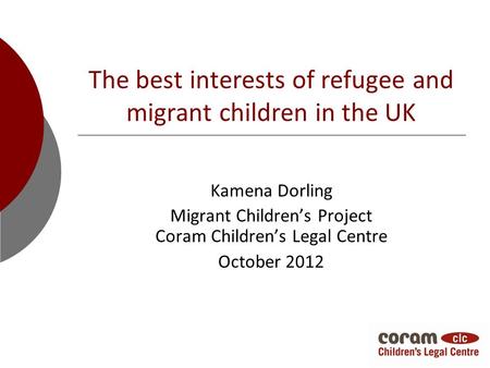The best interests of refugee and migrant children in the UK Kamena Dorling Migrant Children’s Project Coram Children’s Legal Centre October 2012.
