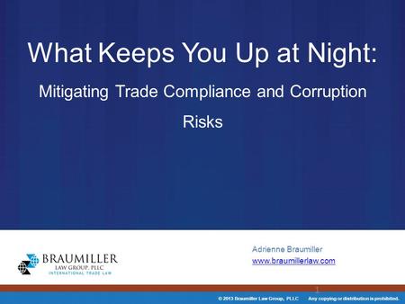 © 2013 Braumiller Law Group, PLLC Any copying or distribution is prohibited. What Keeps You Up at Night: Mitigating Trade Compliance and Corruption Risks.