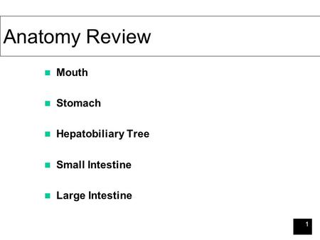 1 Anatomy Review Mouth Stomach Hepatobiliary Tree Small Intestine Large Intestine.