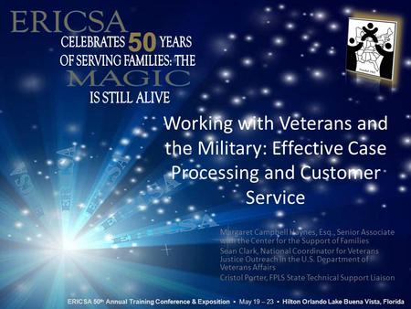 Working with Veterans and the Military: Effective Case Processing and Customer Service Margaret Campbell Haynes, Esq., Senior Associate with the Center.