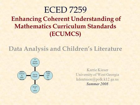 ECED 7259 Enhancing Coherent Understanding of Mathematics Curriculum Standards (ECUMCS) Data Analysis and Children’s Literature Karrie Kieser University.