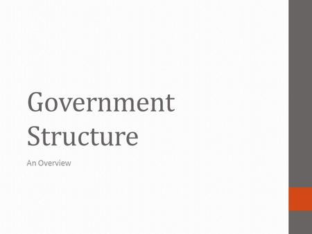 Government Structure An Overview. How is the Federal Government Structured? 3 branches Legislative Executive Judicial 3 branches Congress President Supreme.