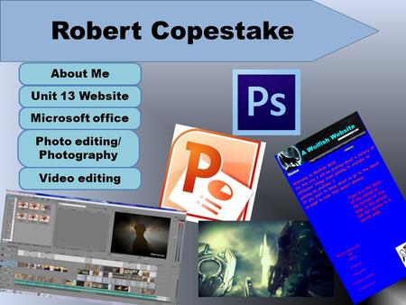 Robert Copestake About Me Unit 13 Website Microsoft office Photo editing/ Photography Video editing.