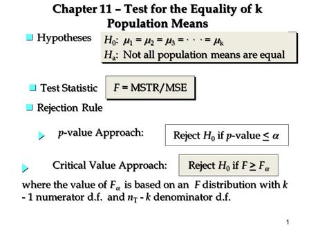 1 Chapter 11 – Test for the Equality of k Population Means nRejection Rule where the value of F  is based on an F distribution with k - 1 numerator d.f.